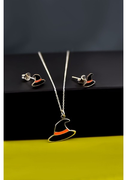 925 Ayar Gümüş Kaplama Siyah Mineli Cadılar Bayramı, Cadı Şapkası Küpe ve Kolye Set fiyatları