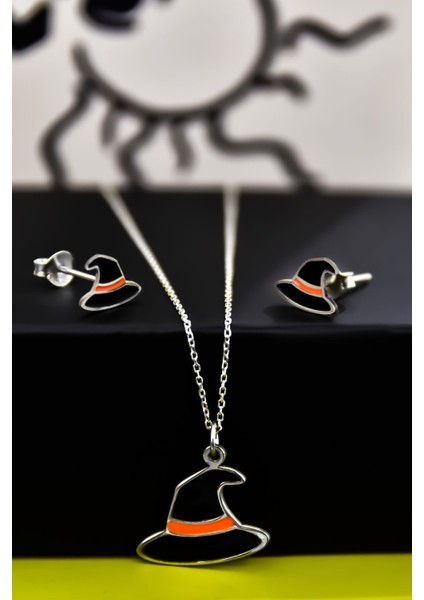 925 Ayar Gümüş Kaplama Siyah Mineli Cadılar Bayramı, Cadı Şapkası Küpe ve Kolye Set modelleri