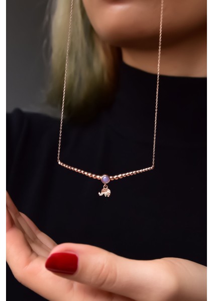 925 Ayar Gümüş Kaplama Top Motifli Lila Ay Taşı Fil Kolye