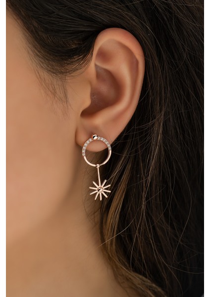 Zirkon Haklalı Güneş Sallantılı Küpe Gümüş