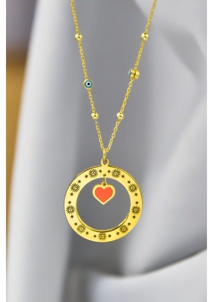 925 Ayar Gümüş Kaplama Güneş Çerçeveli Mineli Kalp Sallantılı Firuze Mineli Göz Zincirli Kolye