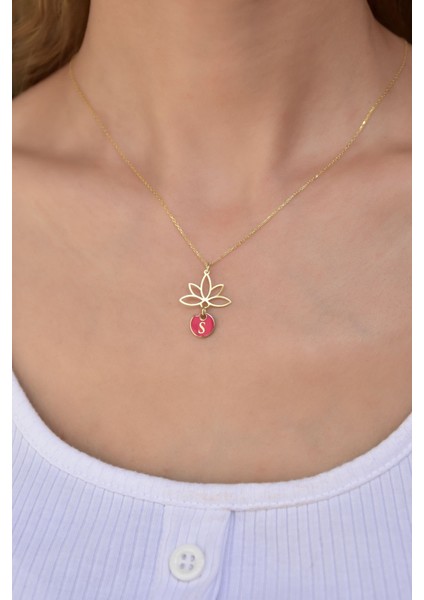 925 Ayar Gümüş Kırmızı Mineli S Harf Lotus Çiçeği Kolye fiyatları