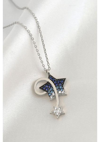 925 Ayar Gümüş Kaplama Mavi Akışlı Kayan Yıldız Kolye