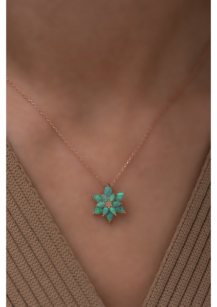 Kadın Yeşil Opal Taşlı Lotus Gümüş Kolye fiyatları