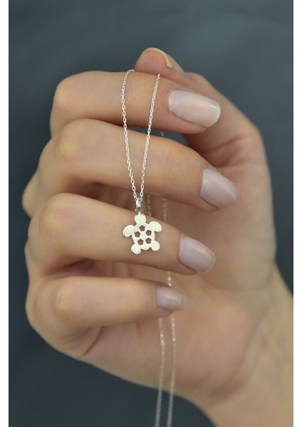 925 Ayar Kaplama Plaka Kesim Gümüş Kaplumbağa Kolye