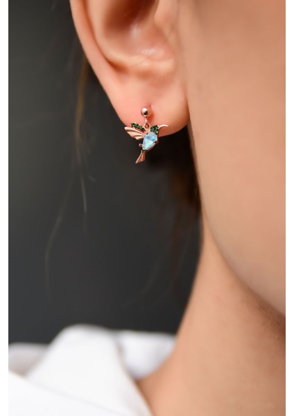 925 Ayar Gümüş Kaplama Akua Yeşil Taşlı Çivili Kuş Küpe