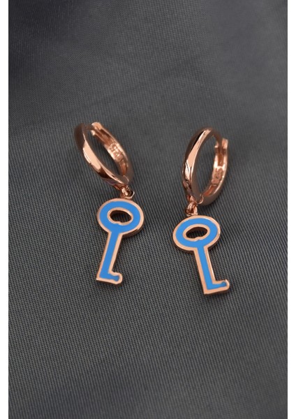 925 Ayar Gümüş Kaplama Mavi Mineli Anahtar Halka Küpe