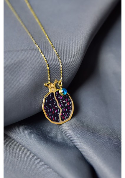 925 Ayar Gümüş Kaplama Cam Gözlü , Mineli Bolluk ve Bereket Tılsımı Nar Taneli Kolye