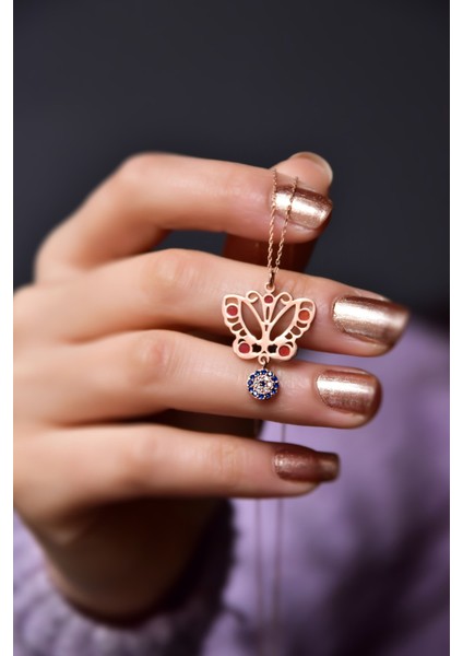 925 Ayar Gümüş Kaplama Sallantılı Nazar Boncuğu , Mineli Kelebek Kolye
