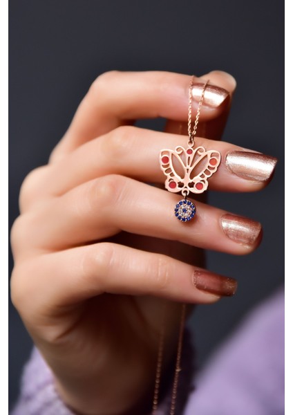 925 Ayar Gümüş Kaplama Sallantılı Nazar Boncuğu , Mineli Kelebek Kolye fiyatları