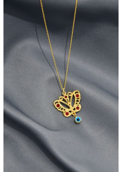 925 Ayar Gümüş Kaplama Cam Gözlü Mineli Kelebek Kolye fiyatları