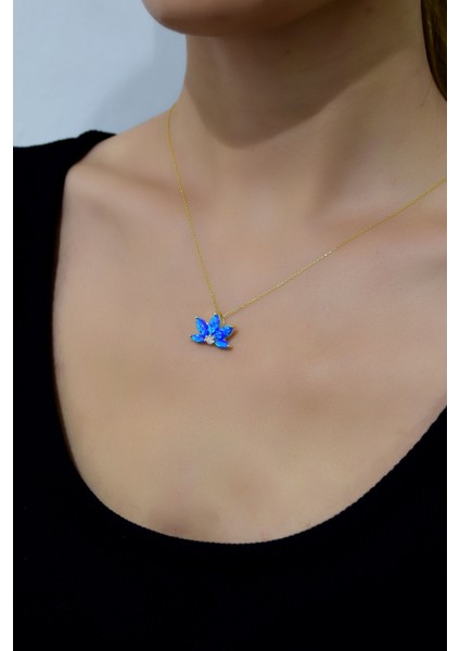 925 Ayar Gümüş Kaplama Lacivert Opal Taşlı Lotus Kolye