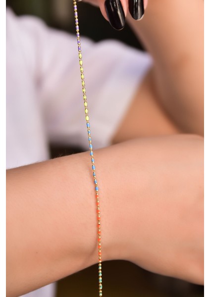 925 Ayar Gümüş Kaplama Top Zincirli Renkli Mineli Bileklik