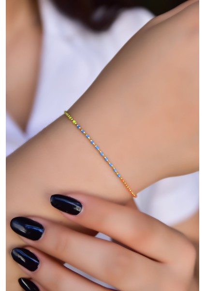 925 Ayar Gümüş Kaplama Top Zincirli Renkli Mineli Bileklik modelleri