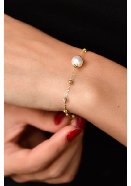 925 Ayar Gümüş Üç Renk Dorika Toplu Incili Kadın Bileklik