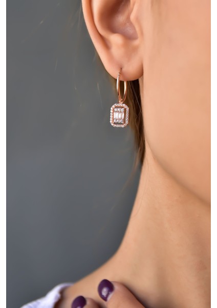 925 Ayar Gümüş Kaplama Baget Taşlı Halka Küpe