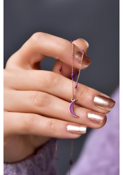 925 Ayar Gümüş Kaplama Mor Mineli Hilal Kolye