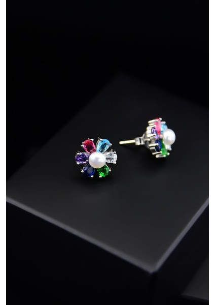 925 Ayar Gümüş Kaplama Renkli Taşlı Incili Çiçek Küpe