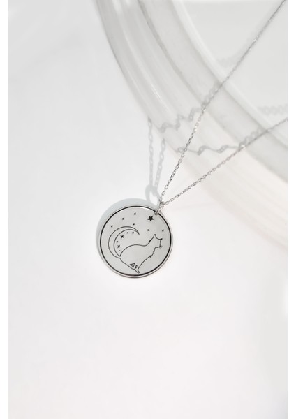 925 Ayar Gümüş Kaplama Plaka Hilal Ay Yıldız, Kedi Desenli Kolye