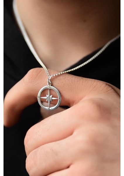 925 Ayar Gümüş Rodyum Kaplama Lavce Zincirli Pusula Kolye 50 cm