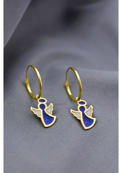 925 Ayar Gümüş Kaplama Parlayan Rüya Serisi Beyaz-Lacivert Ebruli Cam Boyalı Melek Küpe