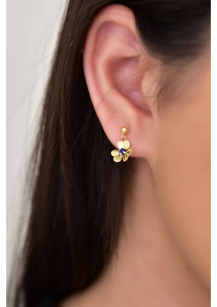 925 Ayar Gümüş Kaplama Zirkon Taşlı Lacivert Frezya Çiçeği Küpe