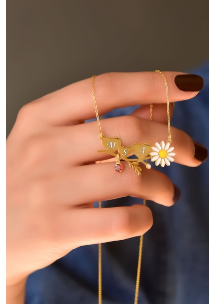 925 Ayar Gümüş Kaplama Doğum Taşlı Harfli Mineli Papatya Üç Kalpli Dallı Kolye