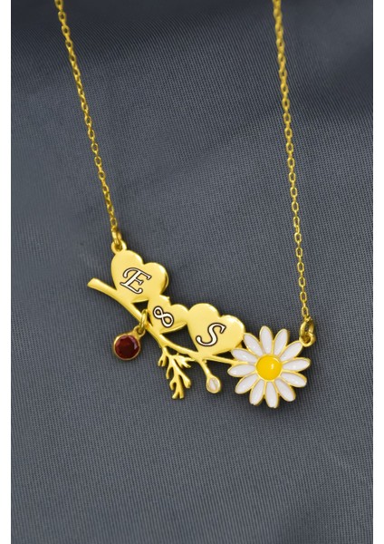925 Ayar Gümüş Kaplama Doğum Taşlı Harfli Mineli Papatya Üç Kalpli Dallı Kolye fiyatları