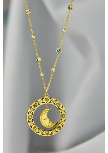 925 Ayar Gümüş Doğanın Güçleri Çemberli, Yenilenme Tılsımı Ay Sembolü Firuze Mineli Zincirli Kolye