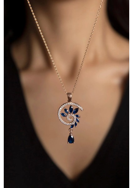 925 Ayar Gümüş Kaplama Lacivert Renkli Spiral Snail Kolye