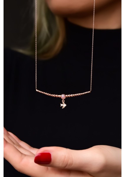 925 Ayar Gümüş Kaplama Top Motifli Pembe Ay Taşı Kırlangıç Kolye