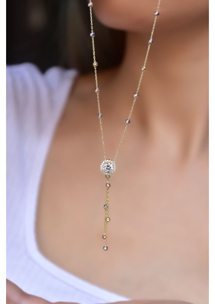 925 Ayar Gümüş Kaplama Üç Renk Dorika Toplu Tektaş Kolye