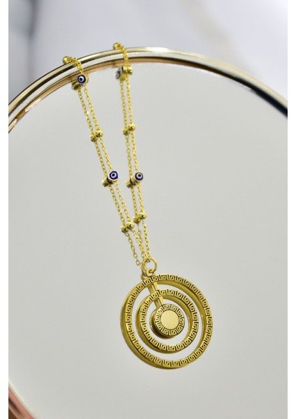925 Ayar Gümüş Kaplama Greek Desenli Dönence Iç Içe Daire Harfli Nazar Mineli Zincirli Kolye