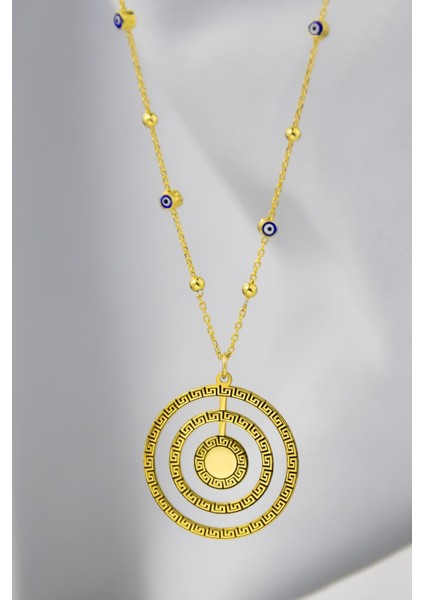 925 Ayar Gümüş Kaplama Greek Desenli Dönence Iç Içe Daire Harfli Nazar Mineli Zincirli Kolye fiyatları