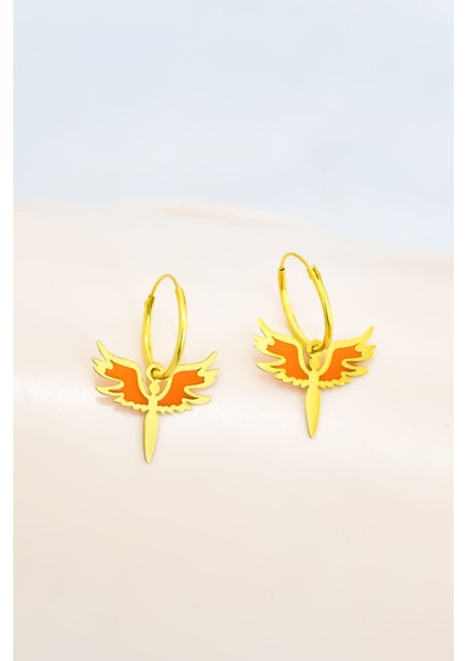 925 Ayar Gümüş Kaplama Parlayan Rüya Serisi Ebruli Turuncu Cam Boya Mikail Meleği Küpe