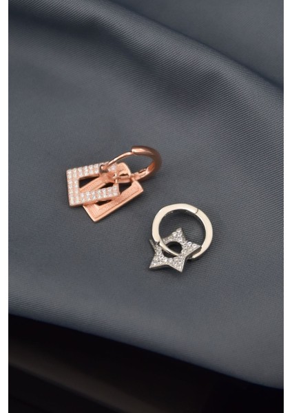 925 Ayar Gümüş Kaplama Zirkon Taşlı Sallantılı Yıldız ve Dikdörtgen Kombin Halka Küpe