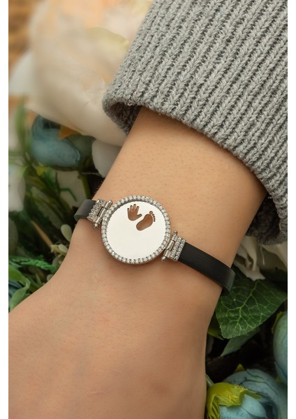 Deri Kordonlu Zirkon Halka Anne Çocuk El Ayak Bileklik 925 Ayar Gümüş