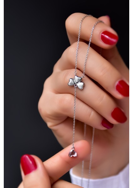 925 Ayar Kaplama Pembe Taşlı Kalp Yonca Kadın Kolye