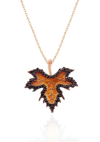 925 Ayar Gümüş Kaplama Siyah Zirkon Taşlı Mineli Çınar Kolye