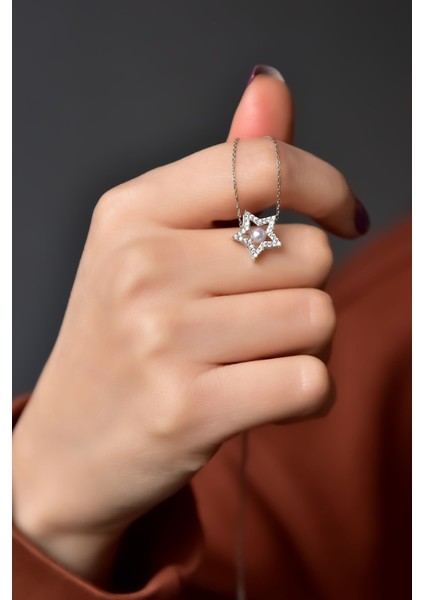 925 Ayar Gümüş Kaplama Zirkon Taşlı Montür Incili Yıldız Kolye