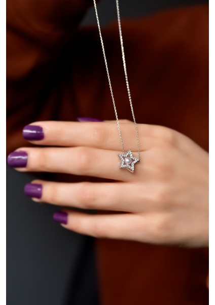 925 Ayar Gümüş Kaplama Zirkon Taşlı Montür Incili Yıldız Kolye fiyatları