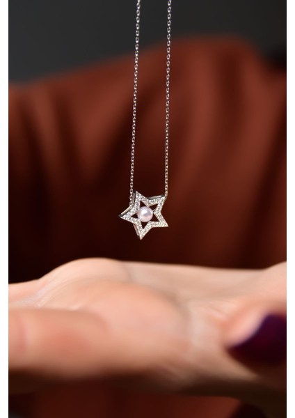 925 Ayar Gümüş Kaplama Zirkon Taşlı Montür Incili Yıldız Kolye modelleri