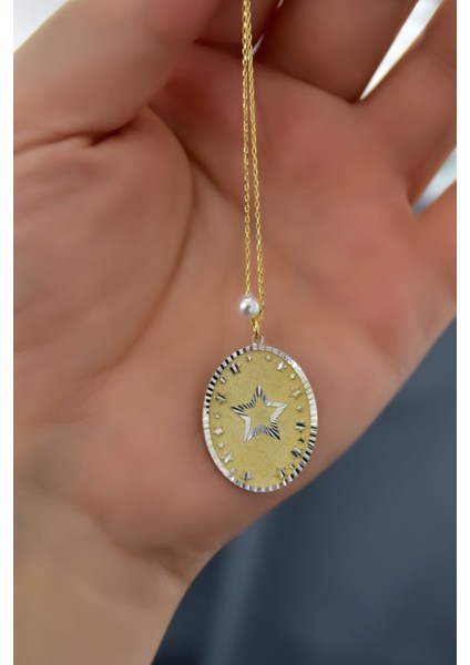 925 Ayar Gümüş Kaplama Incili Stars Plaka Kolye