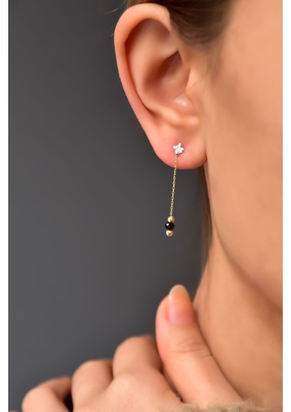 925 Ayar Gümüş Gold-Kaplama Dorika ve Siyah Toplu Tektaş Zincir Küpe