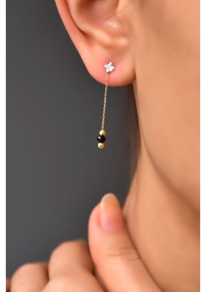 925 Ayar Gümüş Gold-Kaplama Dorika ve Siyah Toplu Tektaş Zincir Küpe fiyatları