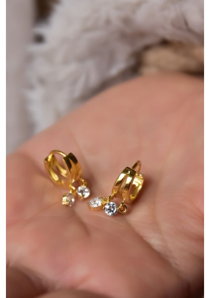 925 Ayar Gümüş Kaplama Zirkon Taş Sallantılı Çift Halka Küpe