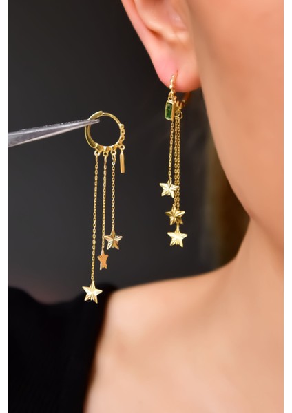 925 Ayar Gümüş Kaplama Üçlü Zincir Yıldız Yeşil Baget Taşlı Halka Küpe