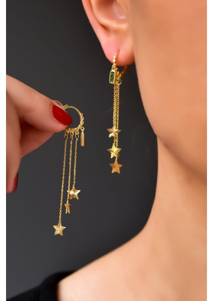 925 Ayar Gümüş Kaplama Üçlü Zincir Yıldız Yeşil Baget Taşlı Halka Küpe fiyatları