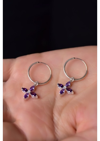 925 Ayar Gümüş Kaplama Mor Zirkon Taşlı Plumeria Halka Küpe