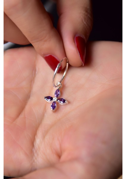 925 Ayar Gümüş Kaplama Mor Zirkon Taşlı Plumeria Halka Küpe fiyatları
